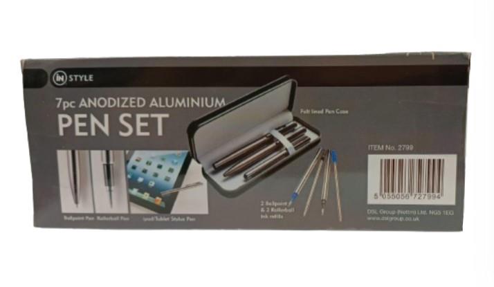 DSL Instyle 7pc Black/Blue Ink Pen & Refills Anodized Aluminium Black Case Pen Set Box 2799B