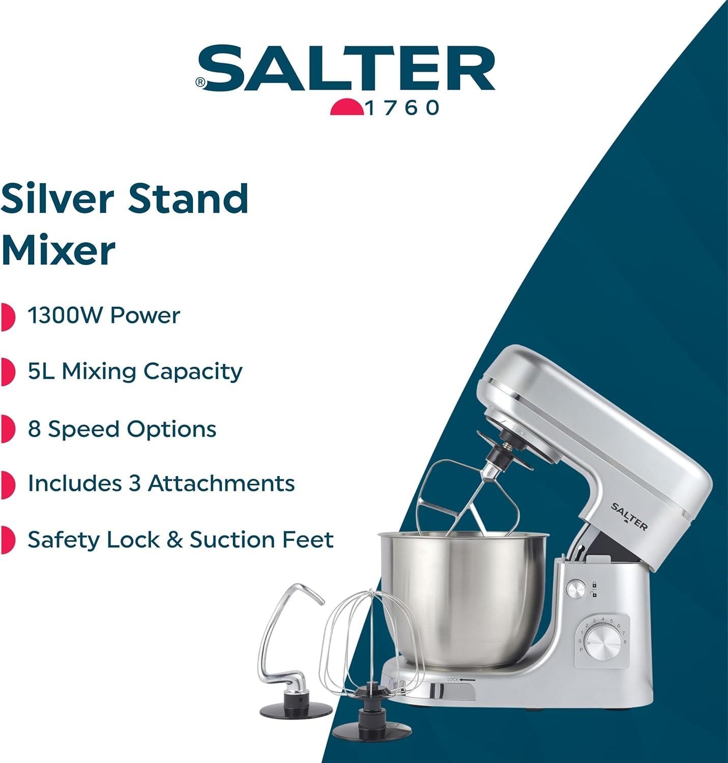 Salter Aspen Electric Stand Mixer 8 Speeds Stainless Steel 5L Mixing Bowl Silver