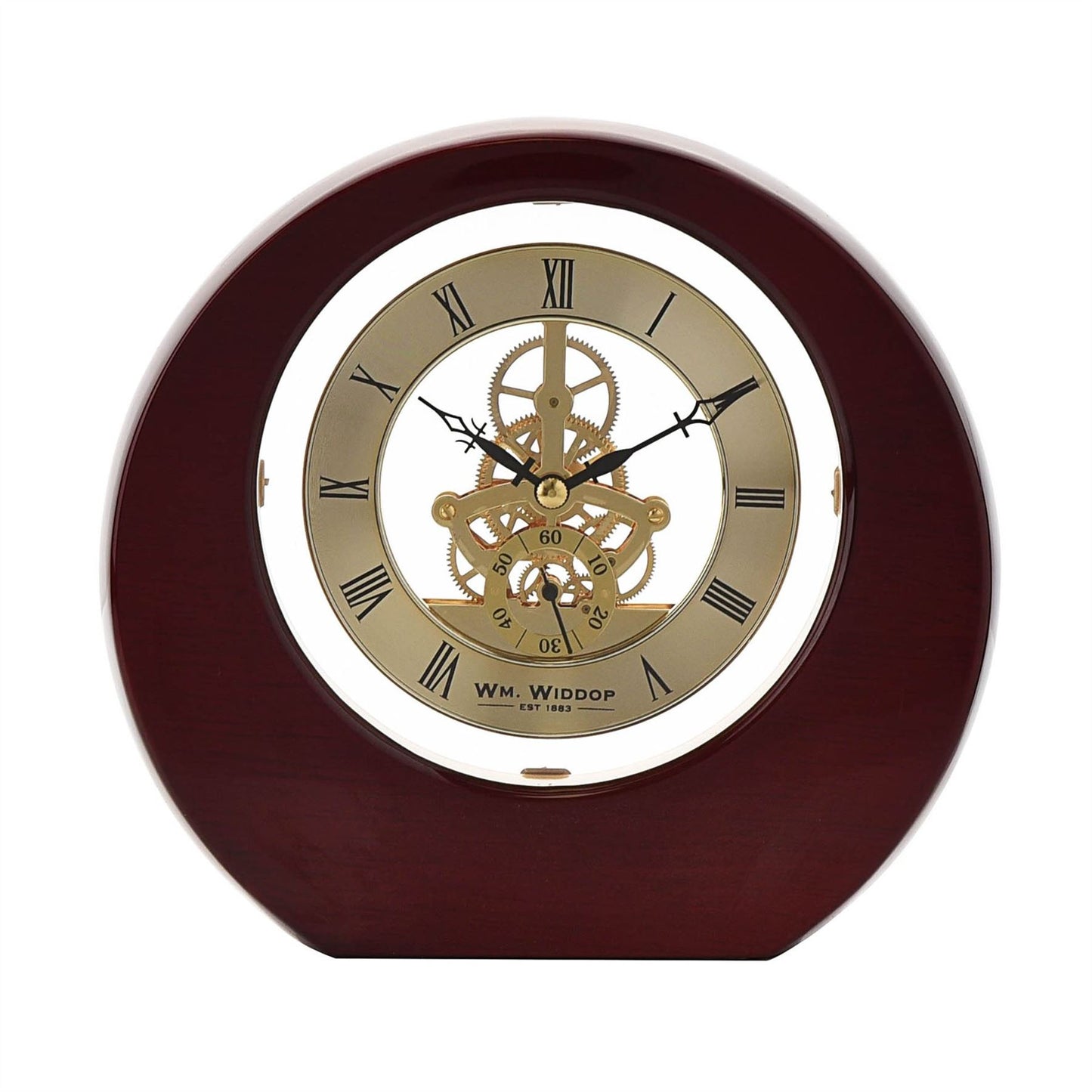 Wm.Widdop Piano Wood Round Mantel Clock Skeleton Dial Roman