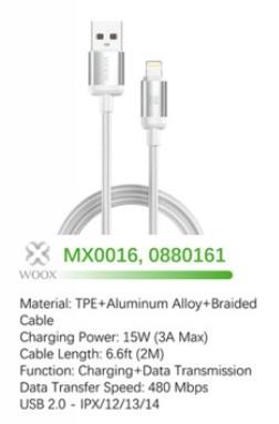 Woox MX0016 USB to Lightning Braided Data Cable, 15W 3A Max, 6.6ft 2m, White