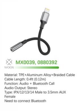 Woox MX0039 3.5mm Aux/F to Type C Braided Bluetooth Connection Audio Cable, 0.4ft 0.12m, Black