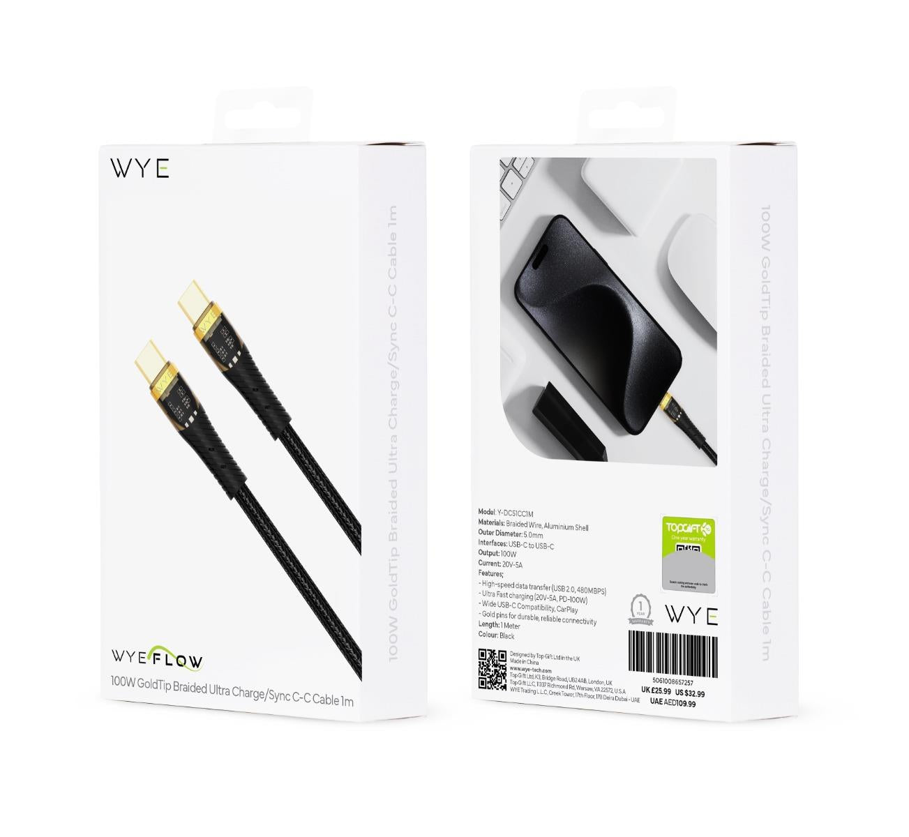 Wyeflow 100W GoldTip Braided Ultra Charge/Sync C-C Cable 1m