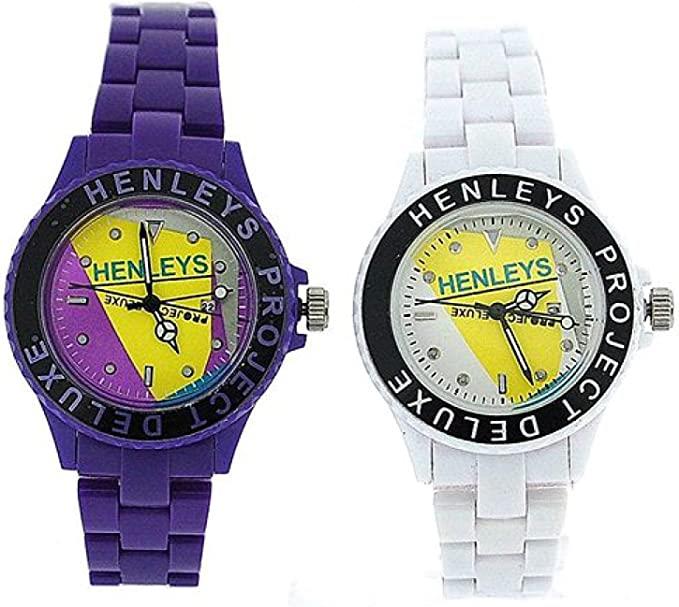 Henleys Project Deluxe Ladies Set of 2 Funky Plastic Watch Purple-White SUMMERTWIN CLEARANCE NEEDS RE-BATTERY