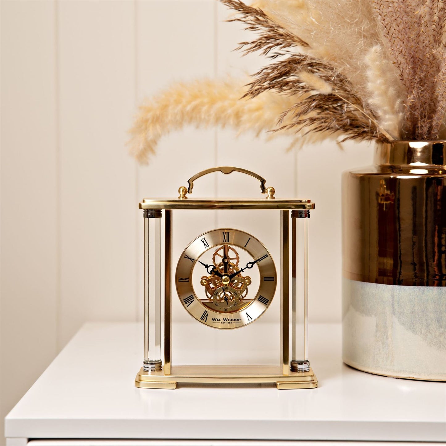 Wm. Widdop Mantel Clock with Handle Skeleton Movement W2918-19 Available Multiple Colour