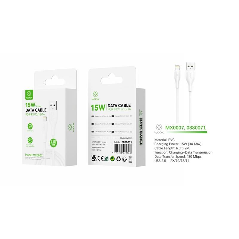 Woox USB to Lightning PVC Data Cable, 15W 3A Max, 1m/2m/3m, Black/White