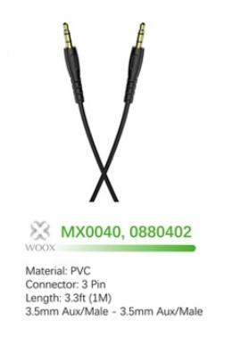 Woox MX0040 3.5mm Aux to 3.5mm Aux PVC Audio Cable, 3.3ft 1m, Black