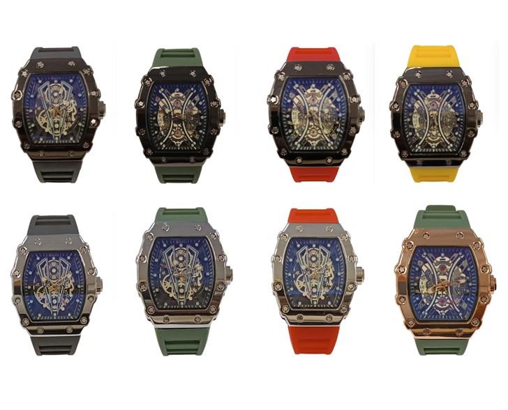 New Rubber Gents Solid Fashion Quartz Movement Screw Decoration Skeleton Dial Rubber Strap Watch Available Multiple Colour