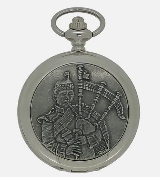 Boxx Mens Silver Tone Scottish Highland Piper Pocket Watch 12" Chain M5061-D3