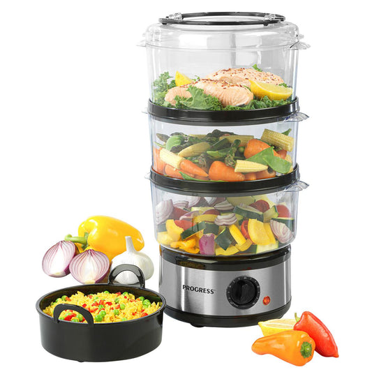 Progress Go Healthy Electric 3-tier Steamer and Rice Bowl | 60 minute timer 7-5-litre capacity 500w