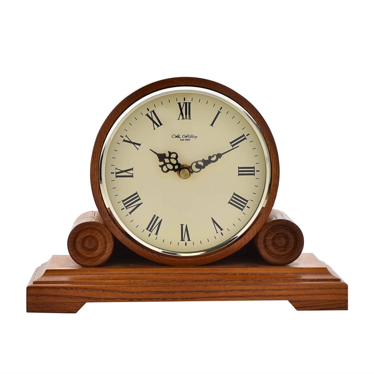 Wm.Widdop Qtz Mantel Clock Round Double Scroll - Walnut