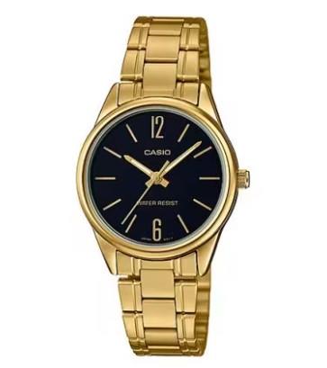 Casio Ladies Basic Water resistant Black Analogue Dial Golden Stainless Steel Band Dress Watch