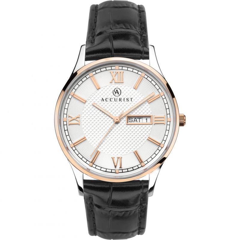 Accurist Mens Day Date White Dial Black Leather Strap watch 7249