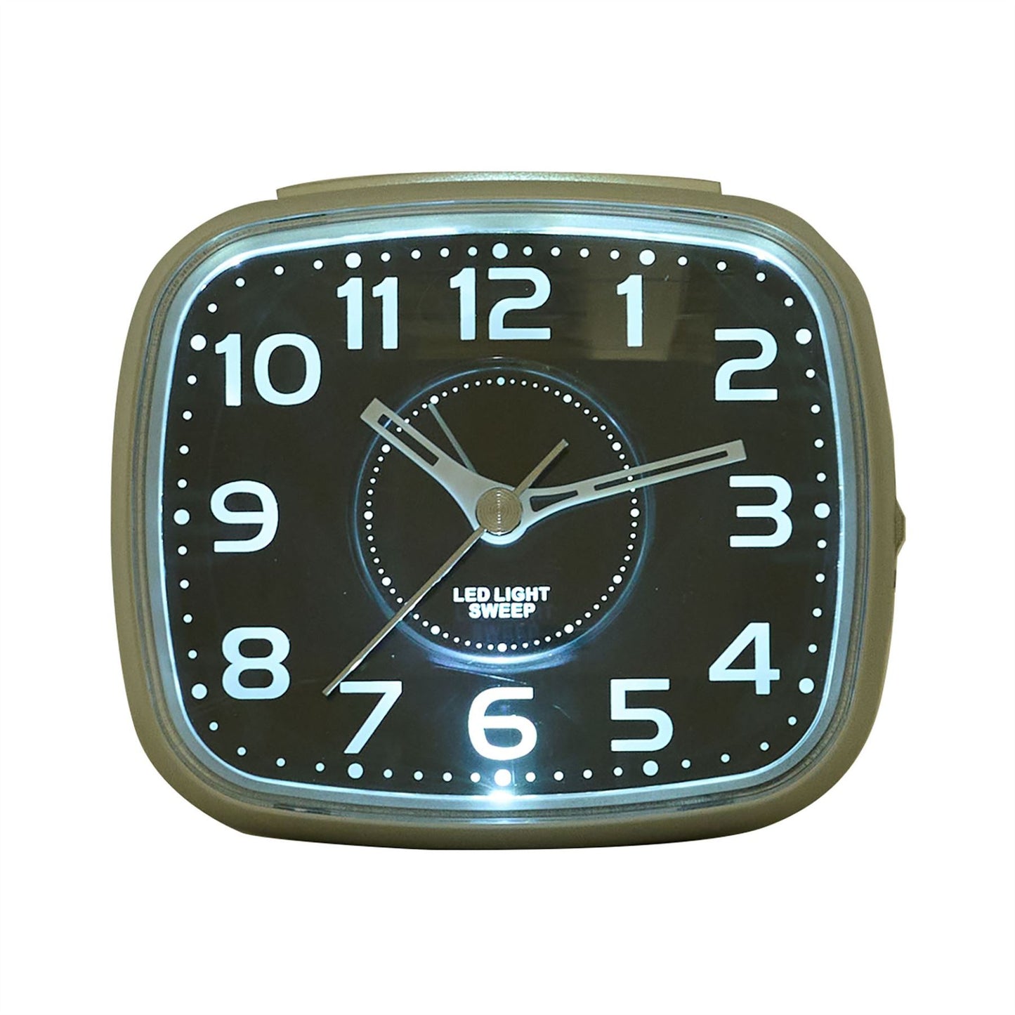 Wm.Widdop Silent Sweep Square LED Alarm Clock Illuminated Button & White Dial - Silver
