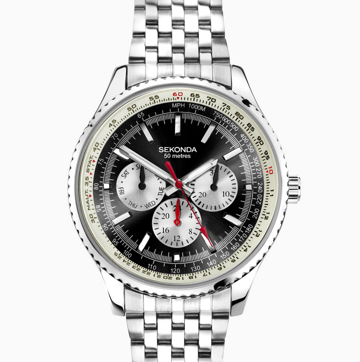 Sekonda Mens Maverick Silver Case & Stainless Steel Bracelet with Black Dial Watch