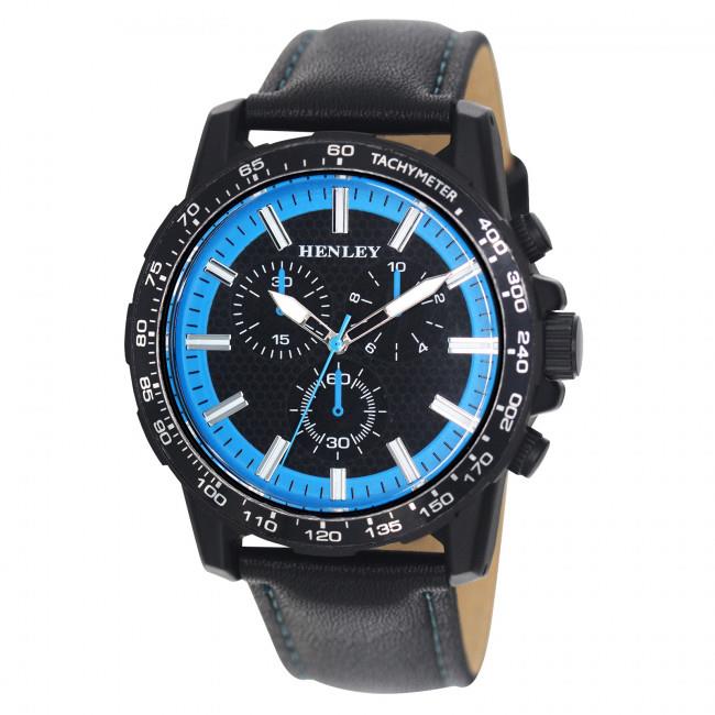 Henley Mens Satin Black Sports Coloured Stitch Multi Eye Watch H03015 Available Multiple Colour