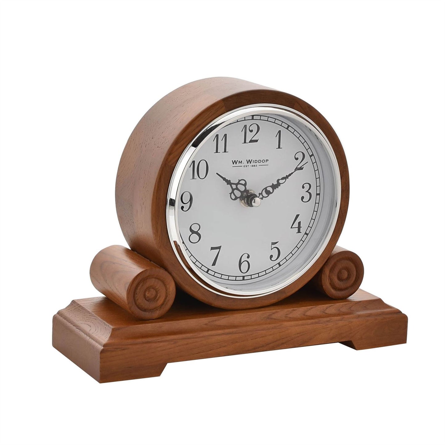Wm. Widdop Barrel Shape Oak Finish Arabic Mantel Clock