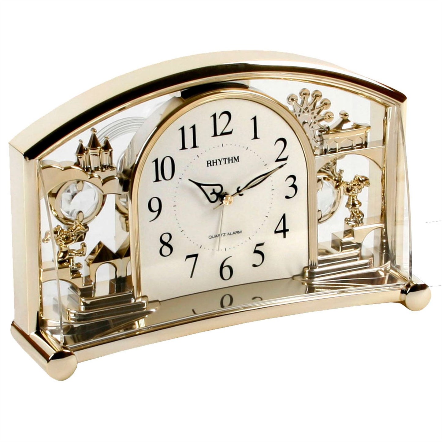 Rhythm Alarm Mantel Clock with Rotating Swarovski Crystal Pendulum Gilt