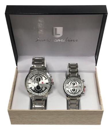 Luis Cardini Couple Mens & Ladies Round Silver Dial Silver Bracelet Watch Gift Set