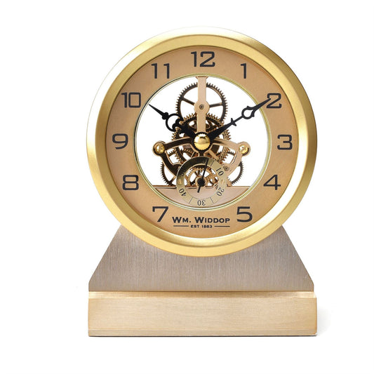 Wm. Widdop Gold Metal Mantel Clock Skeleton Movement Arabic