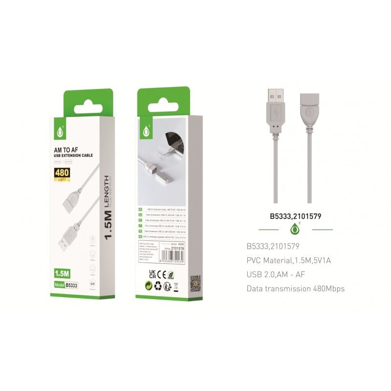 MTK AM to AF USB Extension Cable 1.5m Length 480 Mbps Grey