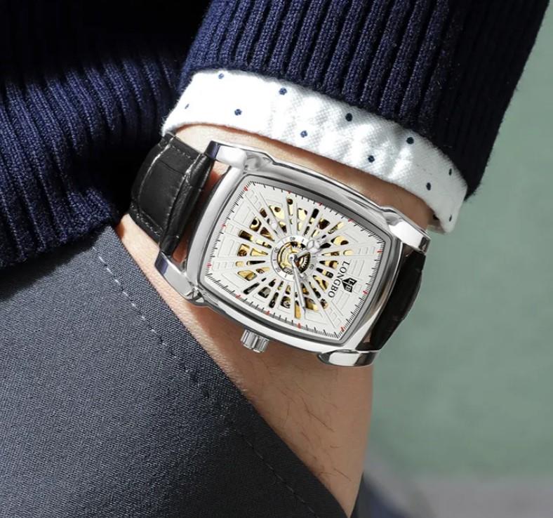 Longbo Mens Automatic Hollow mechanical Dial Analogue Silver/Black Leather Strap Watch
