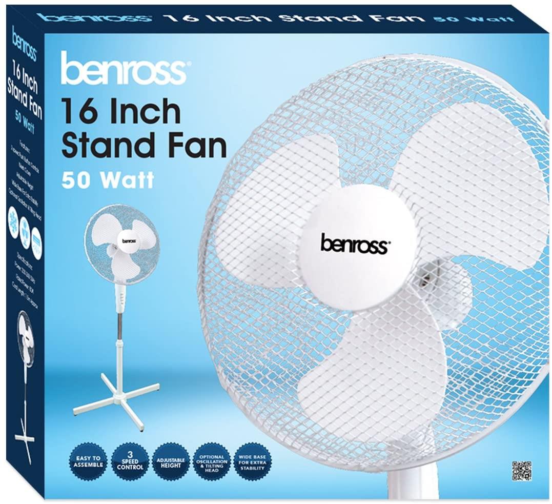 Benross 16 inch 3-Speed Pedestal Stand Fan Oscillating and Tilting Head White- 43930