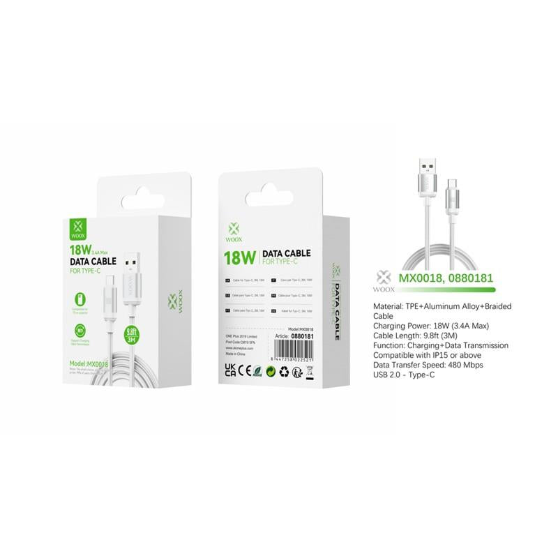 Woox USB to Type C Braided Data Cable, 18W 3.4A Max, 9.8ft 3m, White/Black