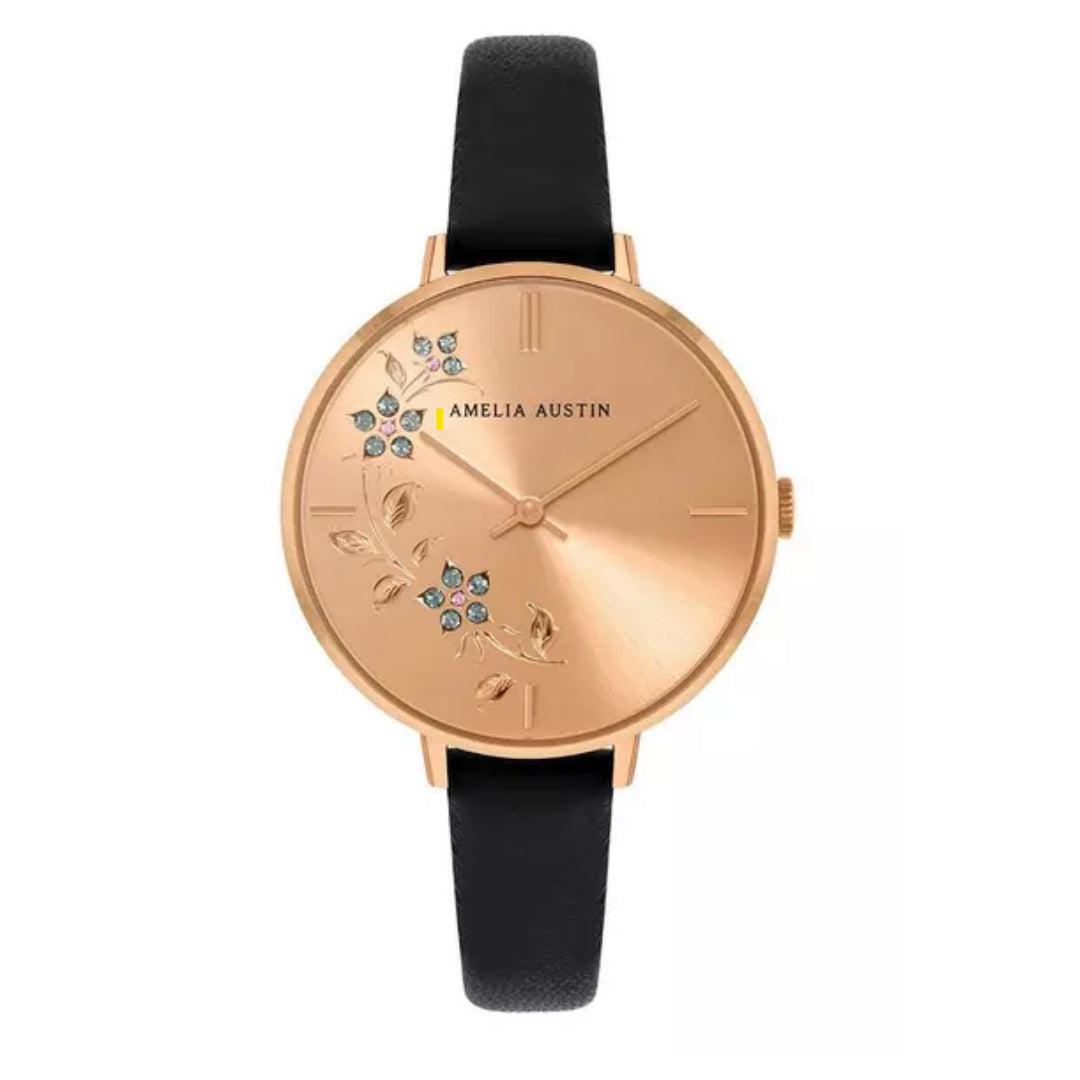 Amelia Austin Ladies Floral Black Leather Strap Clear Stone Set Etched Dial Watch AA2002
