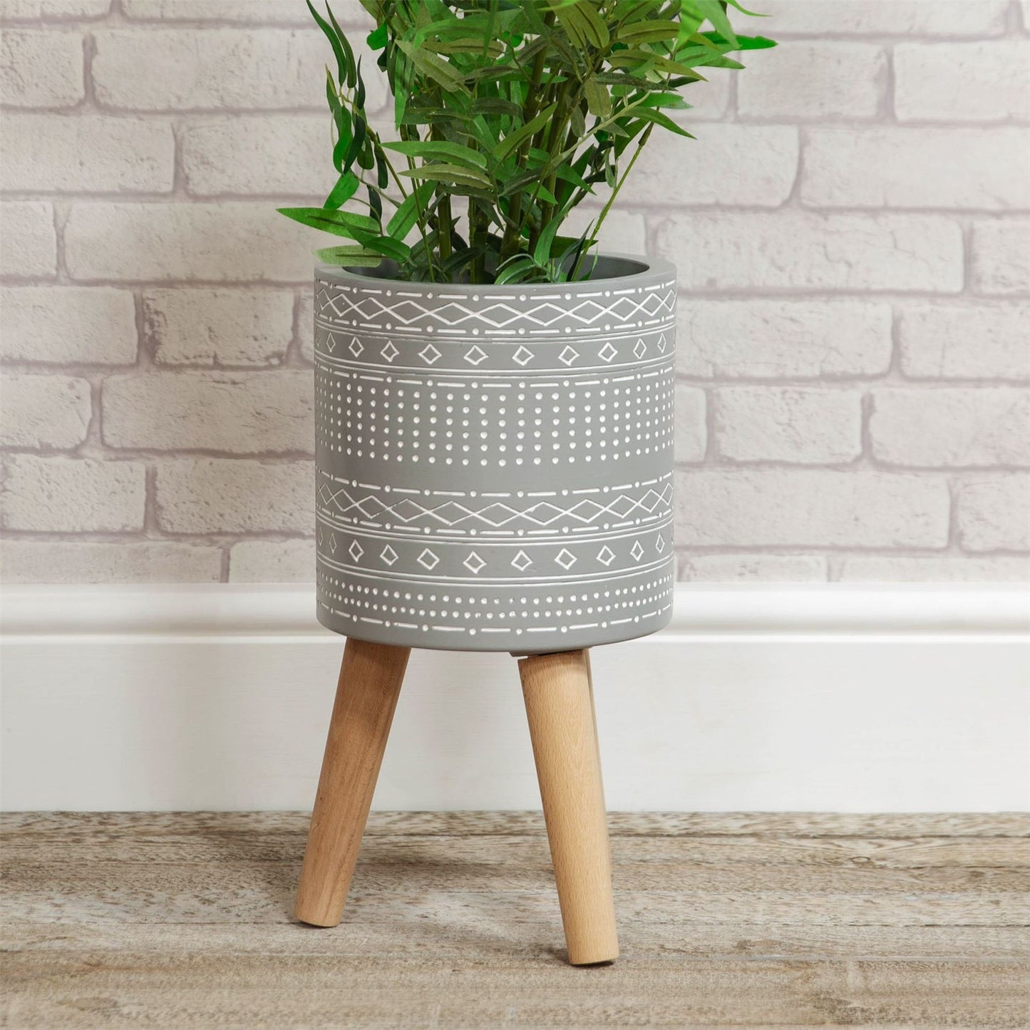 Ornate Fibre Clay Planter Grey with Wooden Legs