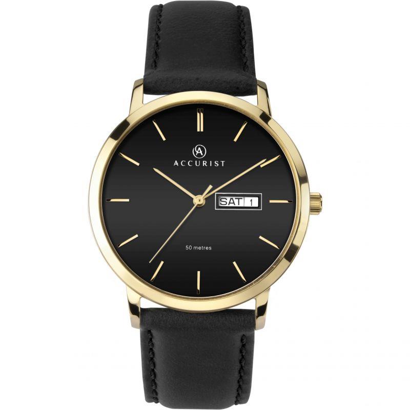 Accurist Mens Day Date Black Dial Black Leather Strap watch 7259