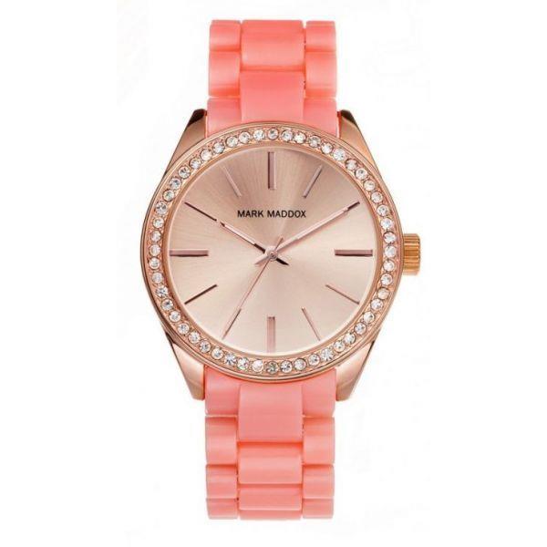 Mark Maddox Ladies Rhinestone Set Bezel Gold Tone Bling Dial and Pink Strap Bracelet Watch MP3017-47 CLEARANCE NEEDS RE-BATTERY