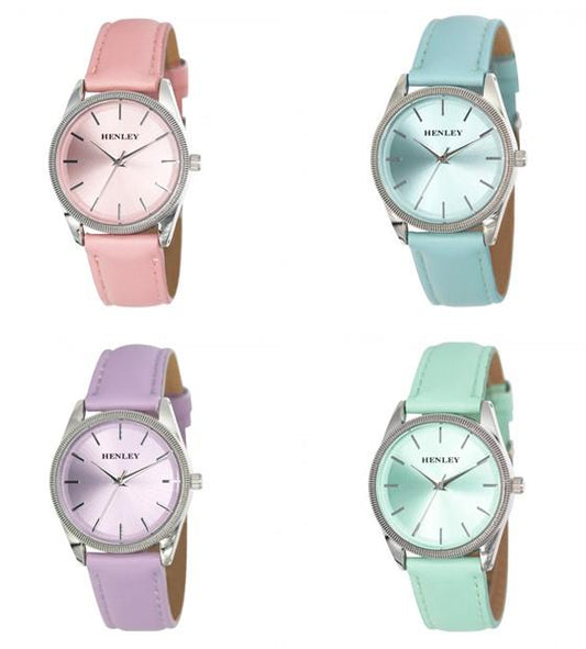 Henley Ladies Fashion Colourful Round Shape Pink Soft Faux Leather Strap Watch Green H06186 Available Multiple Colour