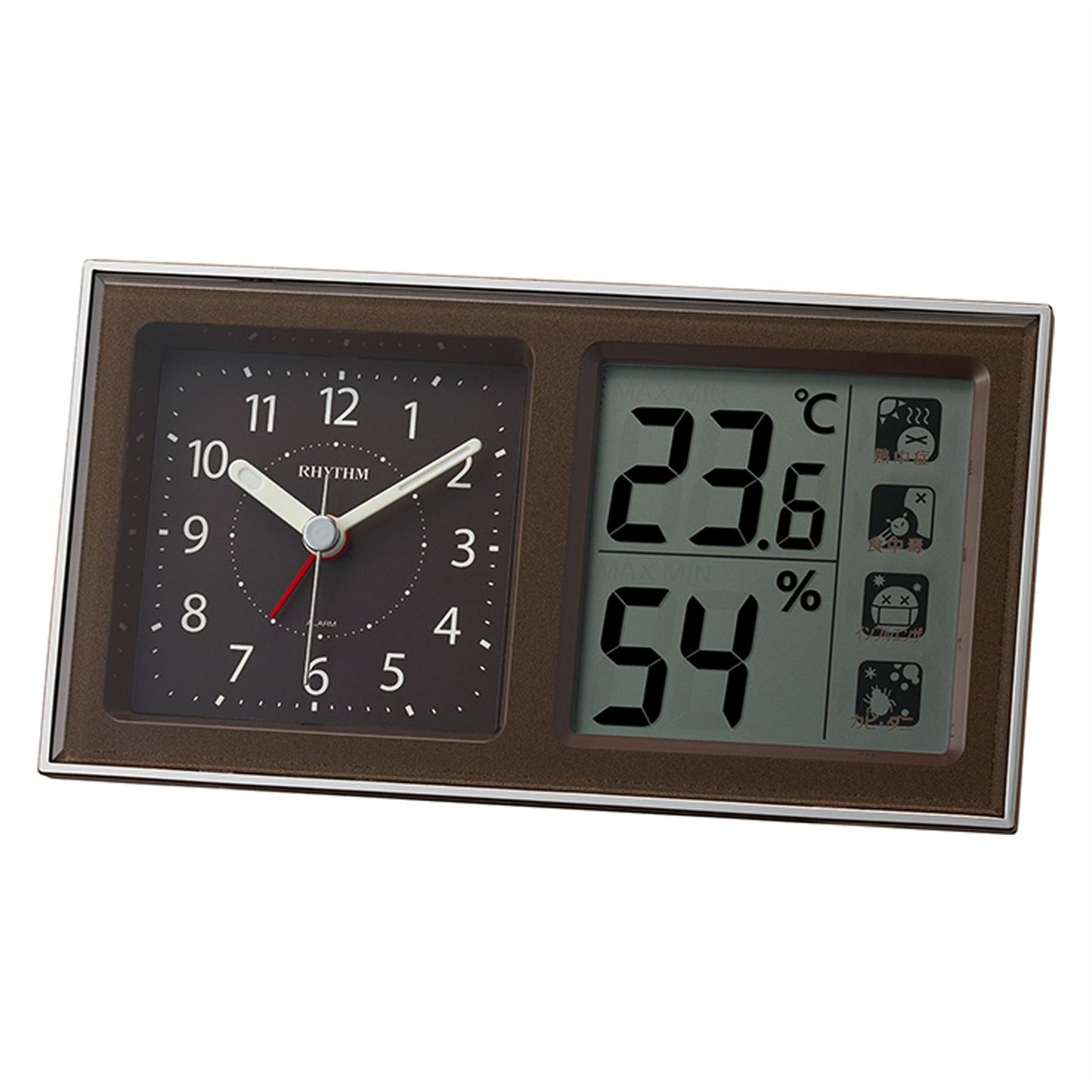 Rhythm LCD Alarm Clock with Environment Alert Display Brown