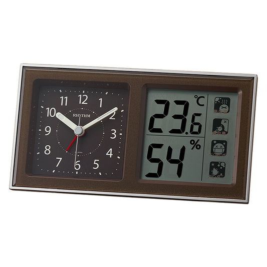Rhythm LCD Alarm Clock with Environment Alert Display Brown