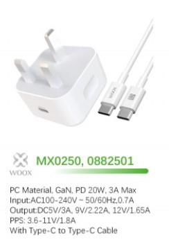 WOOX MX0250 20W PD Home Charger with Type-C to Type-C Fast Cable, 5V 3A, White