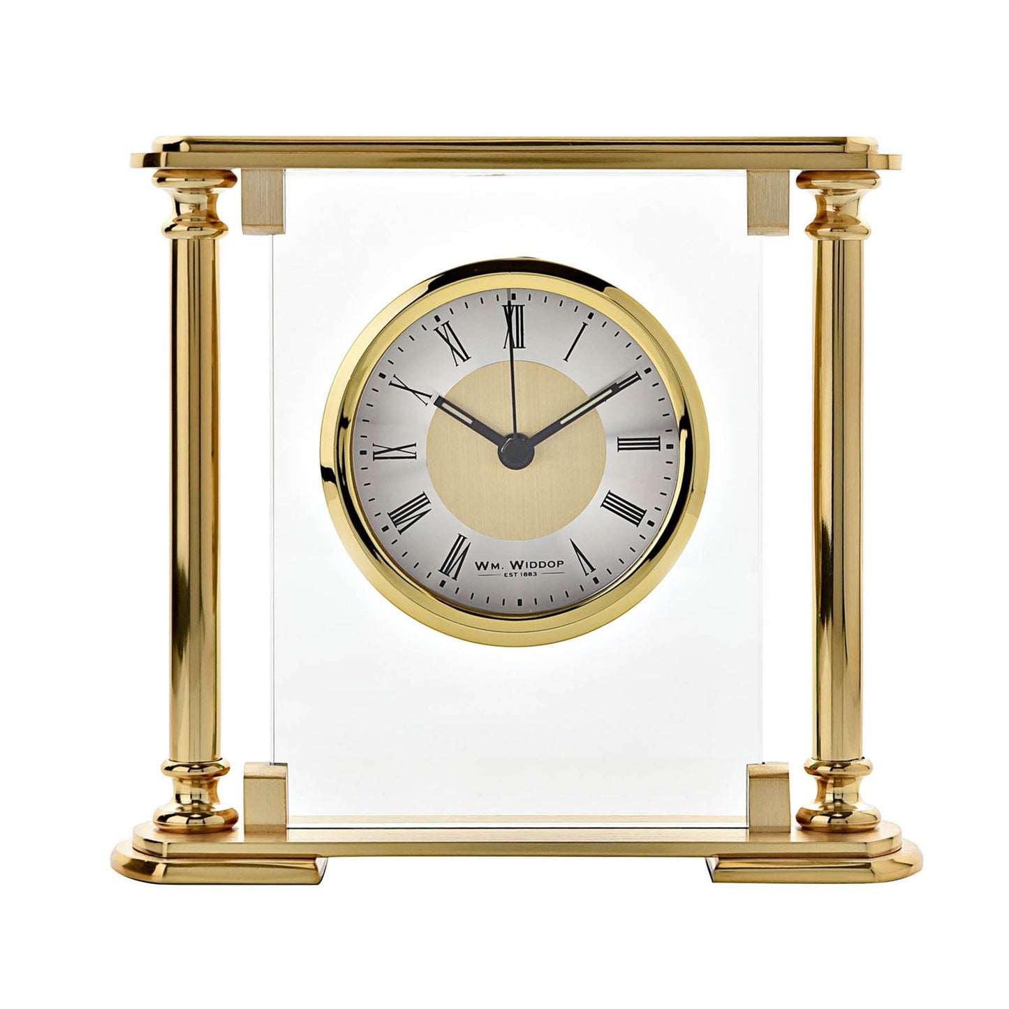 Wm. Widdop Glass & Brushed Aluminium Mantel Clock - Gold