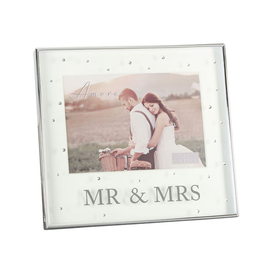 Amore Silverplated Box Frame with Crystals 7" x 5" Mr & Mrs