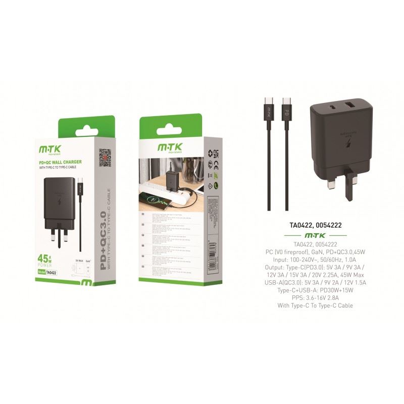 MTK PD+QC Wall Charger with Type-C to Type-C Cable 45w GaN