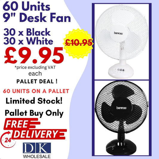 9" Desk Fan (30 x Black & 30 x White) - 60 Units PALLET DEAL