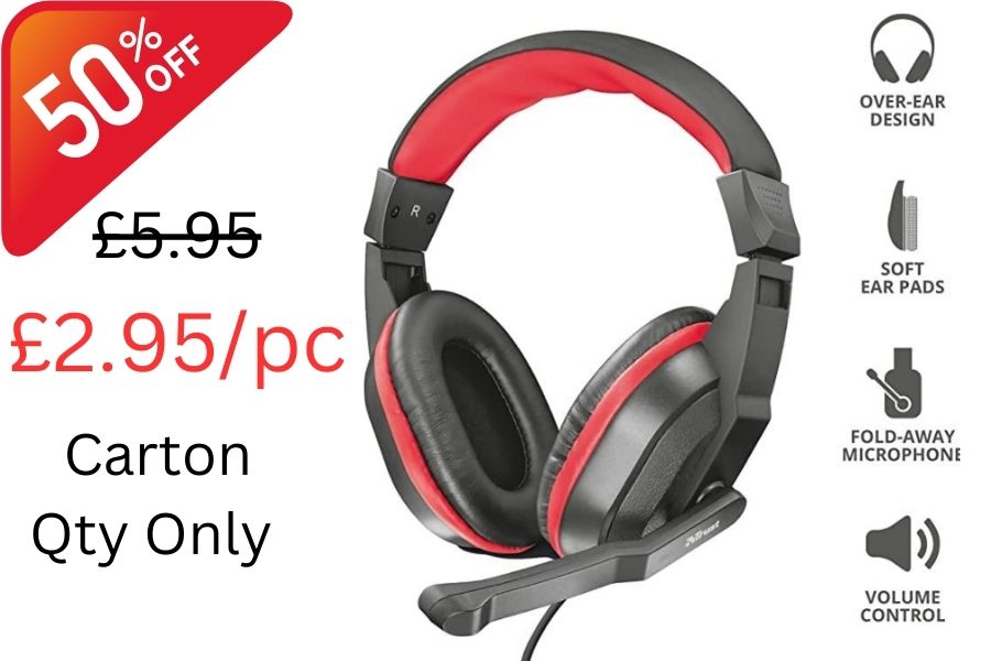 Trust Gaming Ziva Over-Ear Gaming Headphones with Retractable Microphone, Black / Red (30 PC Carton)