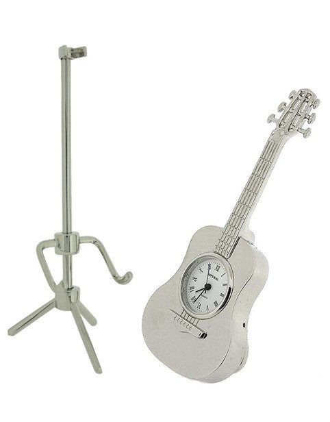 Miniature Clock Silver Plated Free-Standing Guitar Solid Brass IMP86S - CLEARANCE NEEDS RE-BATTERY