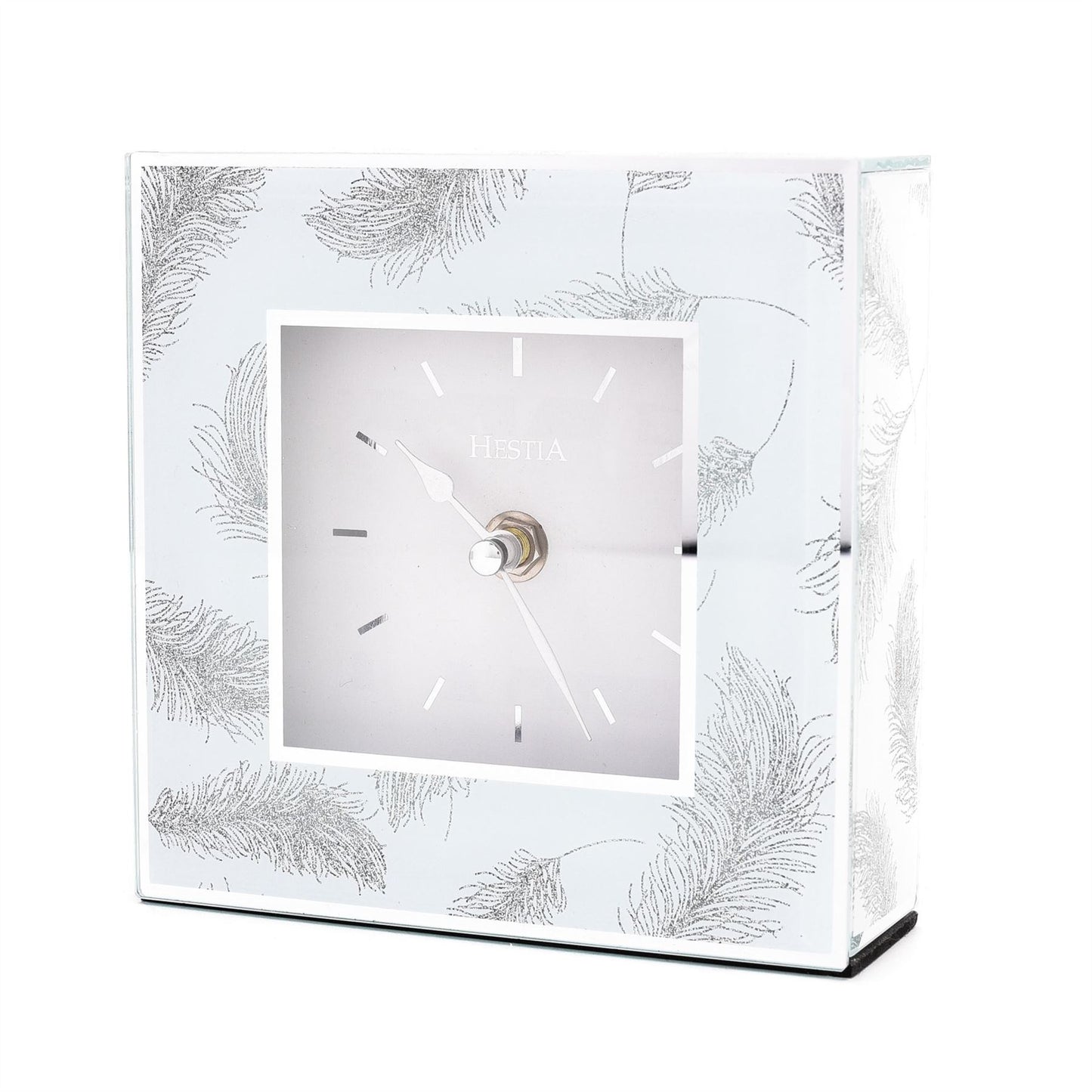 Hestia Glass Grey Feathers Print Mantel Clock