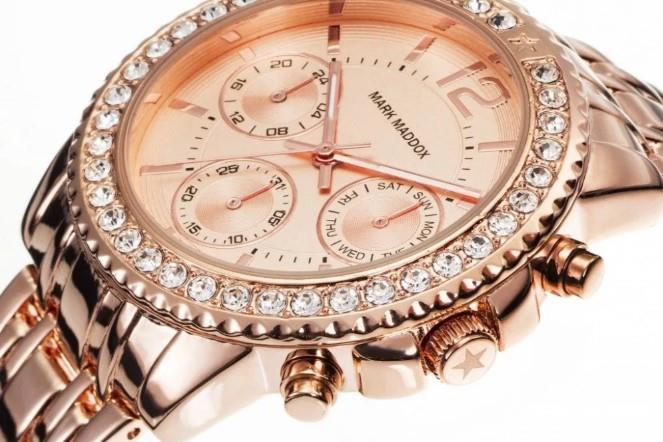 Mark Maddox Ladies Fashion Chronograph Day / Date Gold Plated Bling Dial Brown Bracelet watch - CLEARANCE NEEDS RE-BATTERY