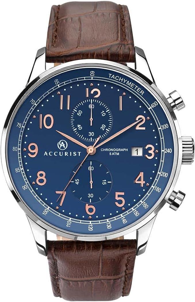 Accurist Mens Dated Chronograph Blue Dial Brown Leather Strap watch 7196