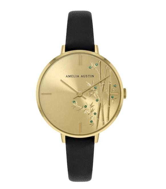 Amelia Austin Ladies Bamboo Black Leather Strap Green Stone Set Etched Dial Watch AA2014