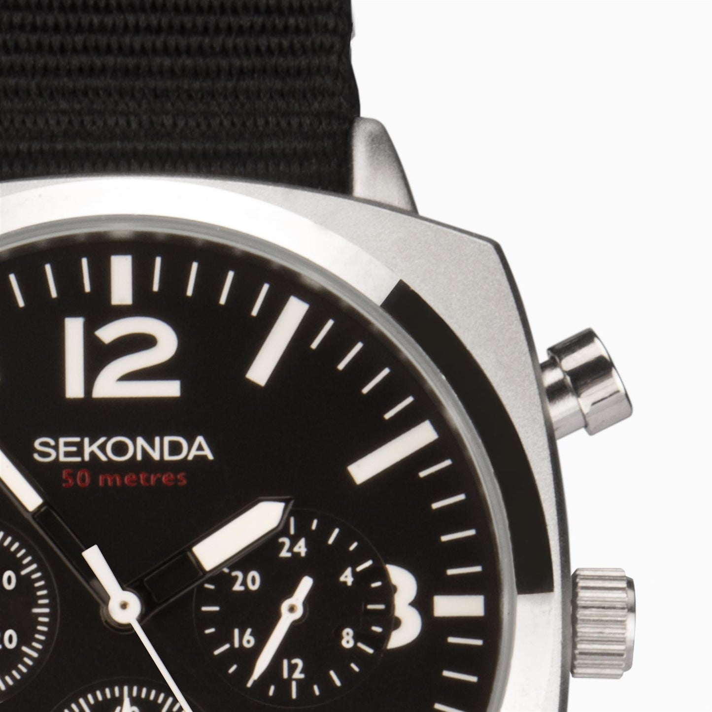 Sekonda Mens Airborne Chronograph Silver Case & Black Canvas Strap with Black Dial 1989