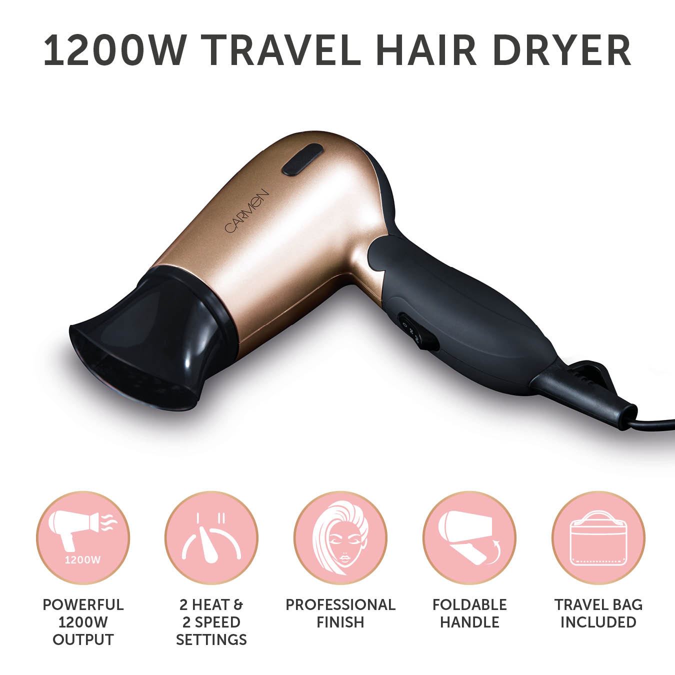 Carmen Noir 1200W Travel Hair Dryer Black