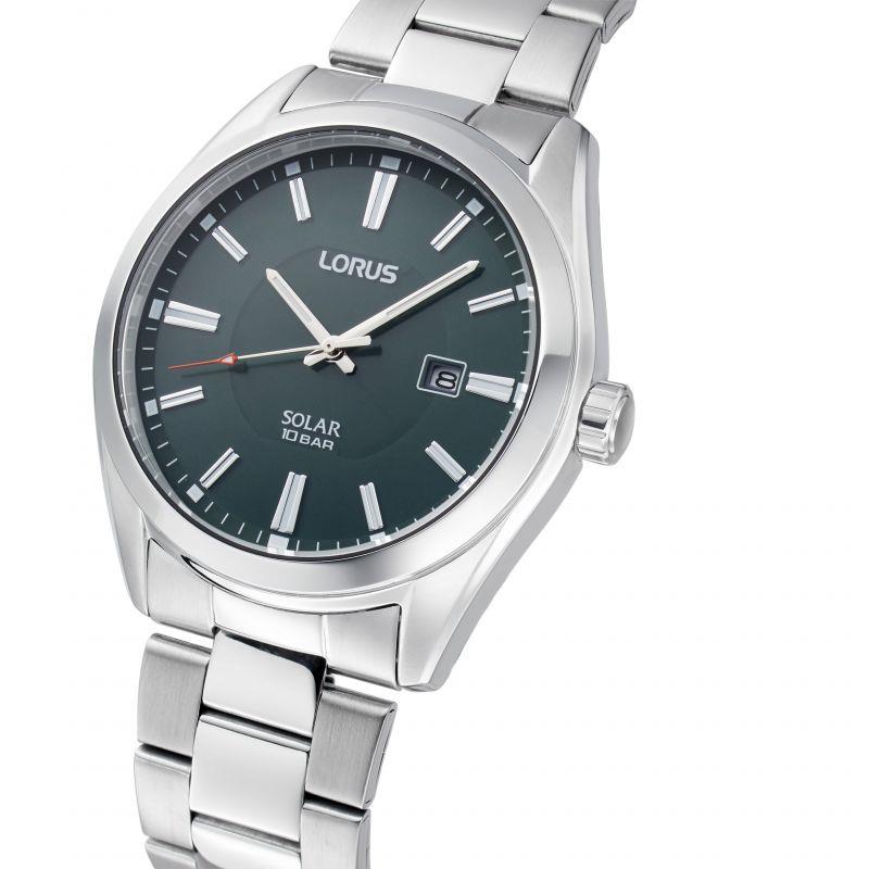 Lorus Mens Solar Powered Green Dated Dial Stainless Steel Bracelet Watch RX331AX9