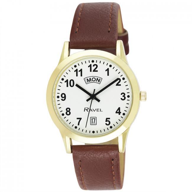 Ravel Mens Basic Day/Date Faux Leather Strap Watch R0706G