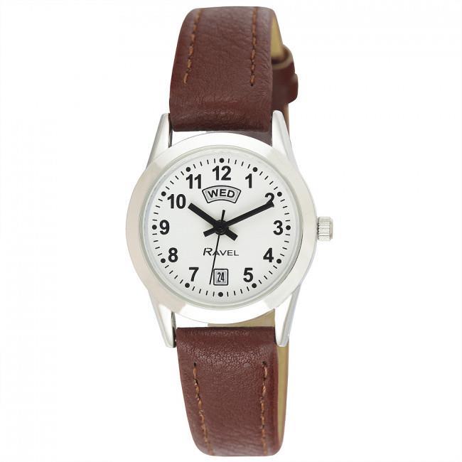 Ravel Mens Stainless Steel Day/Date Brown Faux Leather Strap Watch + Ravel Womens Stainless Steel Day/Date Brown Faux Leather Strap Watch R0706.41.1+ R0706.41.2